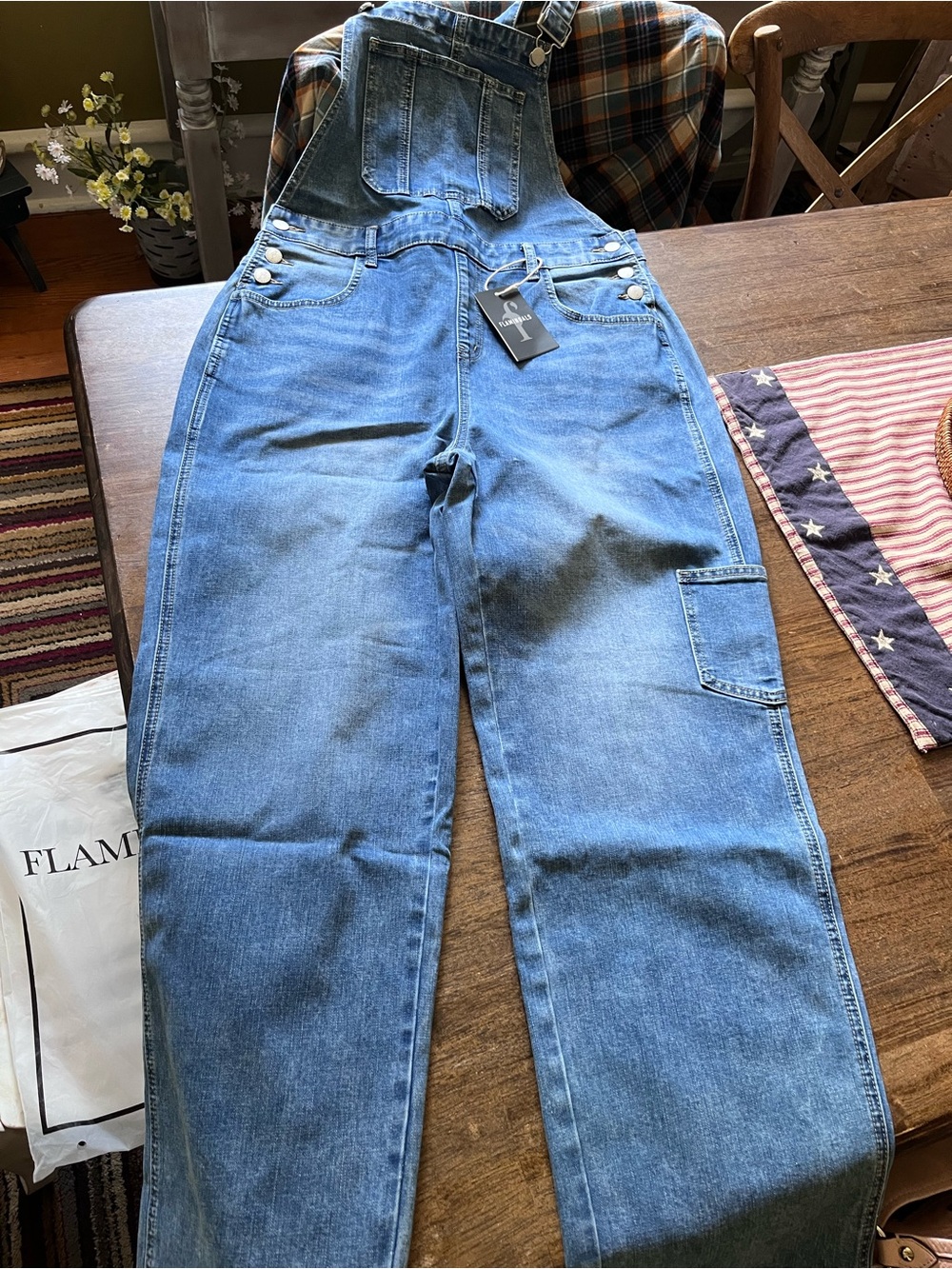 NWT Flamingals Wash Multi Pocket Mid Waist Straight Leg Overalls - Picture 2 of 7
